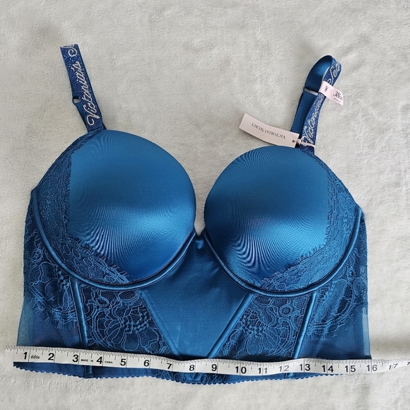 Victoria Secret Teal Lace Corset Bustier Push-Up Bra 38DD Very Sexy Shine Strap - Picture 6 of 14